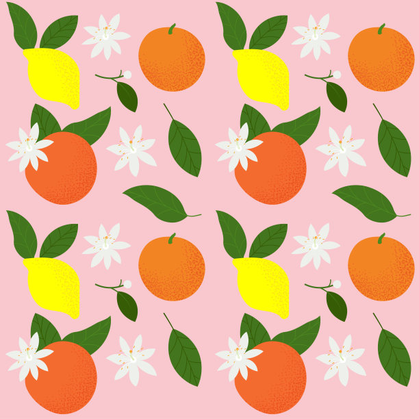 柠檬，橙子，叶子和花的无缝图案。夏季热带背景图片下载