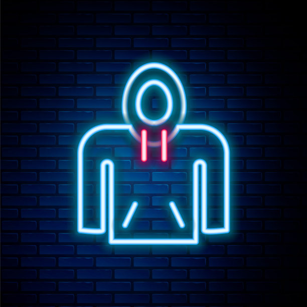 发光的霓虹灯线卫衣图标隔离在砖墙背景。连帽运动衫。彩色轮廓概念。向量图片下载