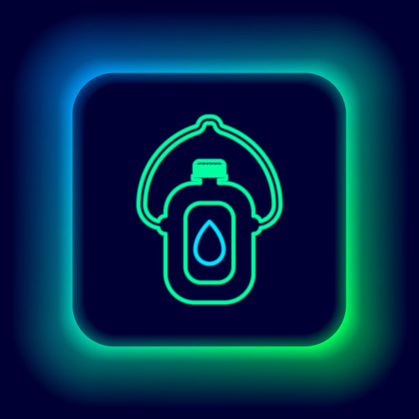 发光的霓虹灯线水壶图标孤立在黑色的背景。旅游瓶图标。罐子里的水在运动中使用。色彩斑斓的轮廓的概念。向量图片下载