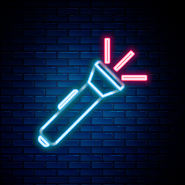 霓虹灯线手电筒图标孤立在砖墙的背景。色彩斑斓的轮廓的概念。向量图片下载