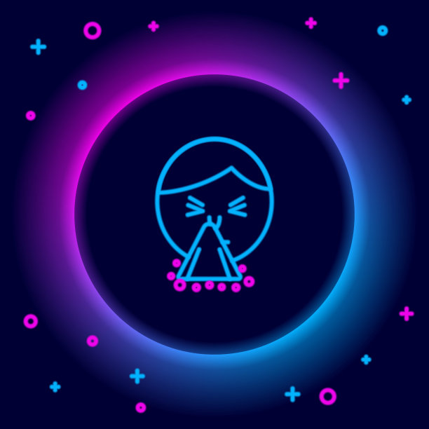 发光的霓虹灯线男子手持手帕或餐巾对着他的流鼻涕图标孤立的黑色背景。鼻炎疾病症状。色彩斑斓的轮廓的概念。向量图片下载