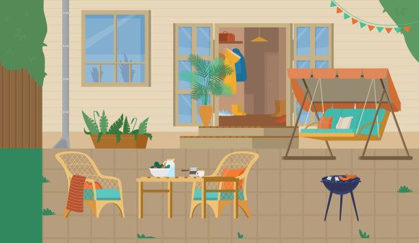 房子后院或露台与烧烤和花园家具图片下载
