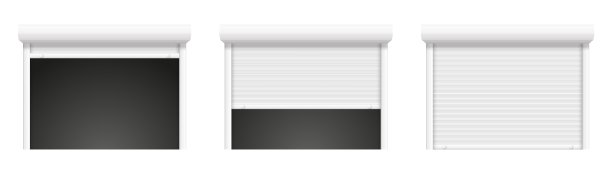 车库百叶窗。封闭式卷帘钢商店窗口。向量现实锁店门图片下载