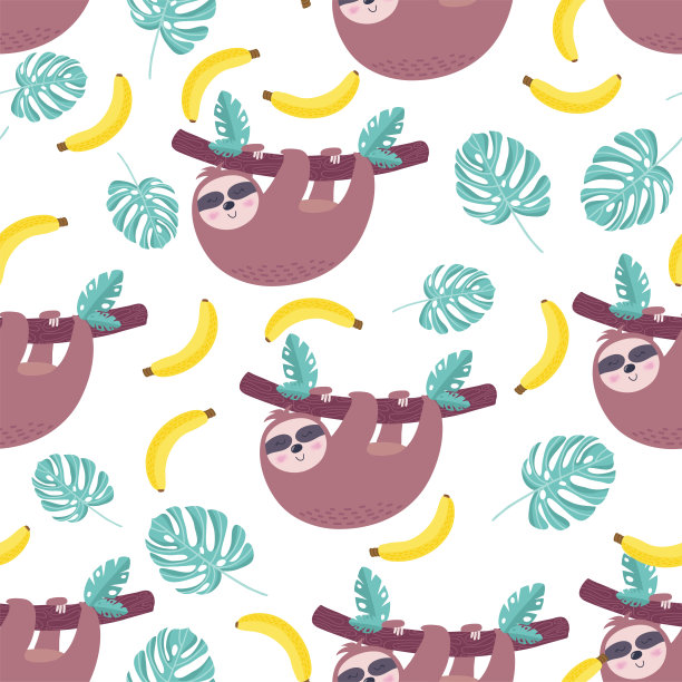 无缝热带模式与有趣的树懒挂在树上。酷酷的卡通夏季印花与热带花卉和树叶。向量图片下载