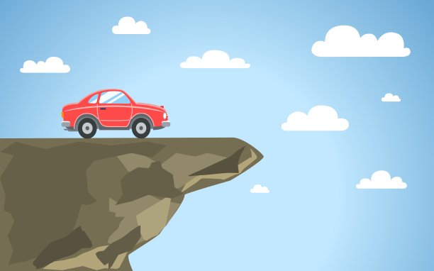 晴天里悬崖边的红色汽车。路的尽头。图片下载