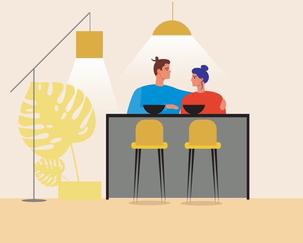 情侣在厨房拥抱，平面矢量插图与浪漫的晚餐或早餐在家黄色厨房图片下载