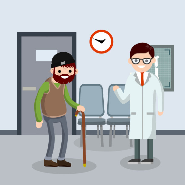 老人在医院的医生办公室里。可爱的爷爷。提供医疗服务。两个字符。创伤病人。快乐的祖父母。卡通平面插图图片下载