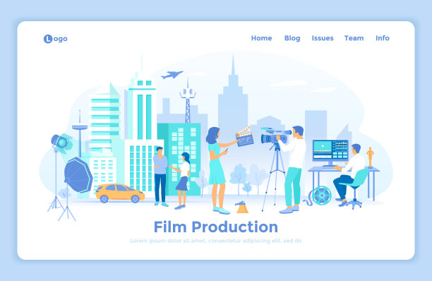 电影制作。户外电影场景。用演员、摄像机、灯光、麦克风拍摄电影。电影导演，摄像师，视频编辑。登陆网页设计模板装饰的人的字符图片下载