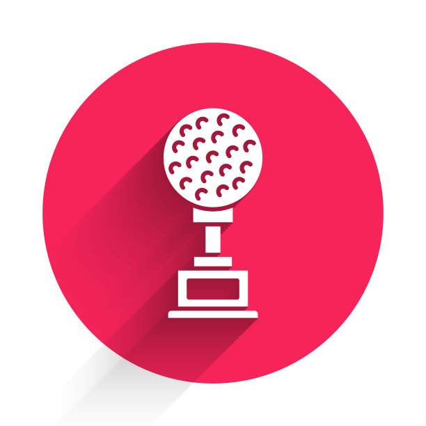 白色奖杯与高尔夫图标孤立与长影子。冠军奖杯的象征。冠军或比赛奖杯。体育成就的迹象。红色圆圈按钮。向量图片下载