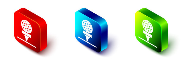 等距高尔夫球在tee图标孤立在白色背景。红色，蓝色和绿色的方形按钮。向量图片下载