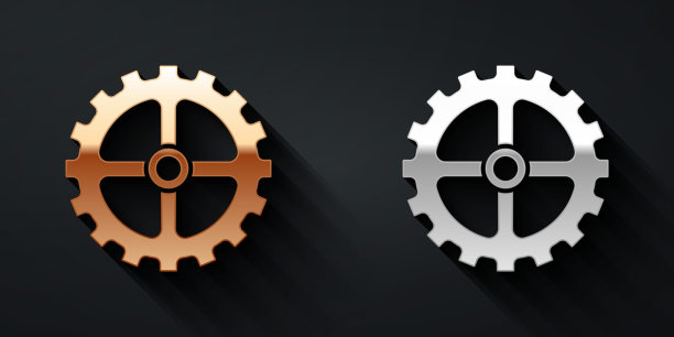 金色和银色自行车链轮曲柄图标孤立在黑色背景。长长的阴影风格。向量图片下载