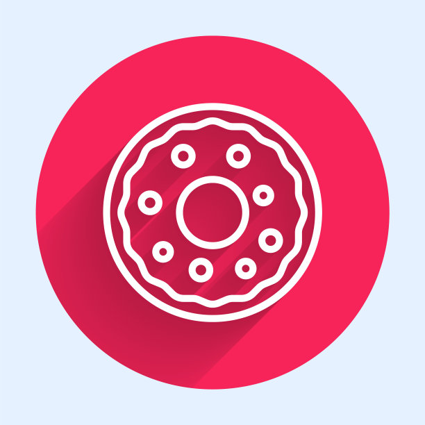 白色线甜甜圈与甜釉图标孤立与长阴影。红色圆圈按钮。向量图片下载