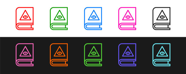 设置线与炼金术配方和神秘的咒语和结界图标隔离在黑色和白色的背景古老的魔法书。向量图片下载