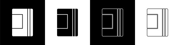 设置笔记本图标隔离在黑色和白色背景。螺旋记事本图标。学校的笔记本。书写纸。学校的日记。向量图片下载