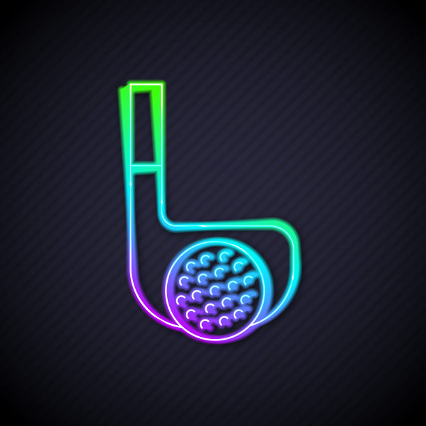 发光的霓虹灯线高尔夫球杆与球图标孤立在黑色背景。向量图片下载