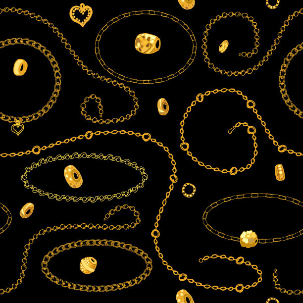 无缝图案与珠宝。黑色背景上的金色女性首饰。链子，手镯，珠子，吊坠，戒指，珠子。织物设计、背景图片下载
