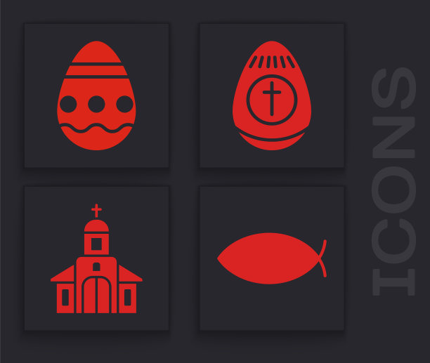 设置基督教鱼，复活节彩蛋，复活节彩蛋和教堂建筑图标。向量图片下载