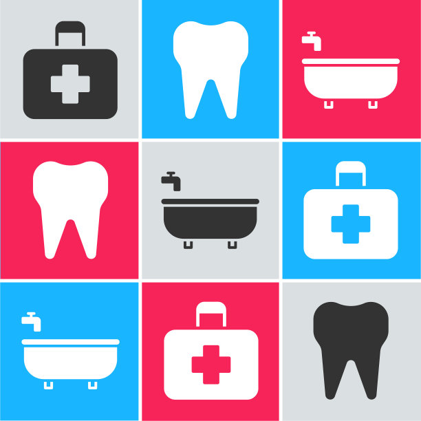 设置急救箱牙齿和浴缸图标图片下载