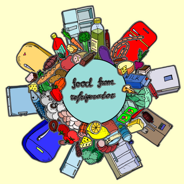 插图与食品和冰箱彩色图标在一个相关的文字手绘风格和在黄色背景。所有的文字和插图都是手绘的图片下载