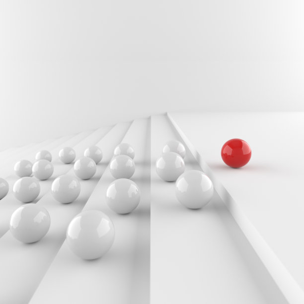 领导理念，红色领导球，从白色球的人群中脱颖而出，在白色的背景与空白的复制空间图片下载