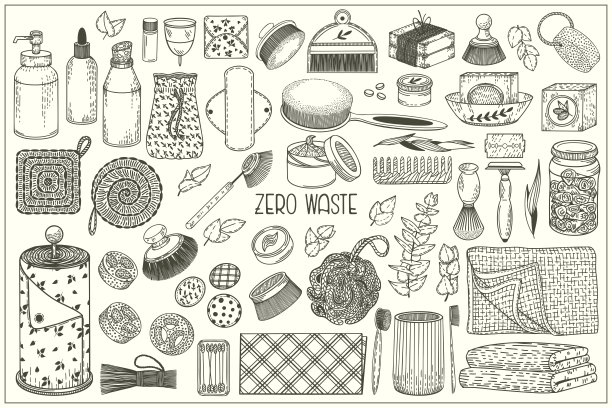“零浪费”。手绘素描涂鸦矢量插图。回收和再利用产品。绿色环保，不使用塑料，拯救地球的卫生用品和化妆品。图片下载