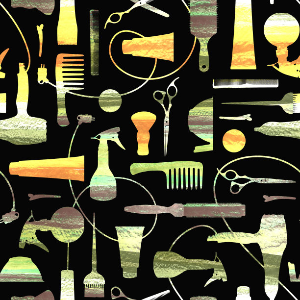 理发工具，发型师套装，无缝模式上的黑色背景图片下载