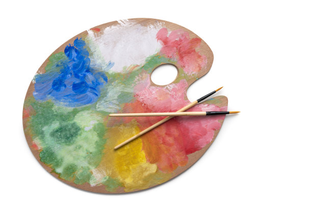 艺术家调色板和刷子彩色孤立的白色图片下载