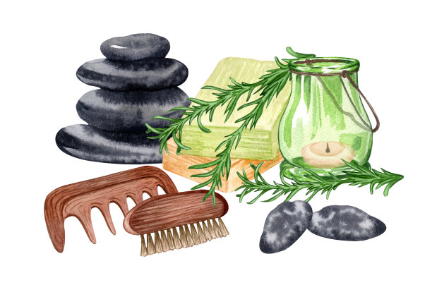 水彩spa。沐浴收集油，花，盐，毛巾，石头，烛台，香棒图片下载