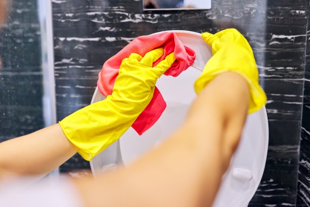 戴手套的女人用洗涤剂洗马桶特写图片下载