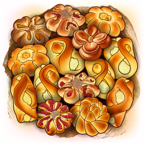 面包和糕点手绘涂鸦五颜六色图片下载