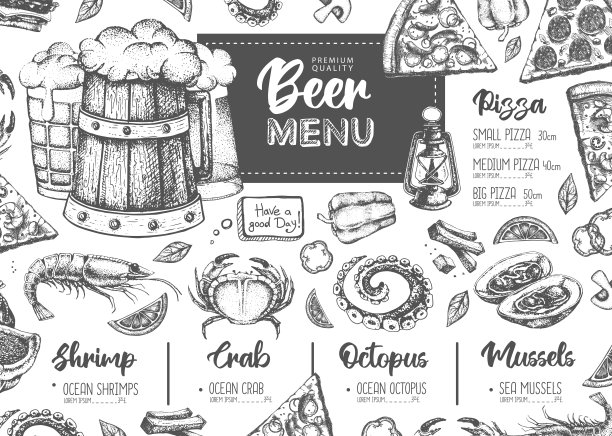 餐厅啤酒菜单设计。啤酒海鲜小吃的装饰画。快餐菜单图片下载