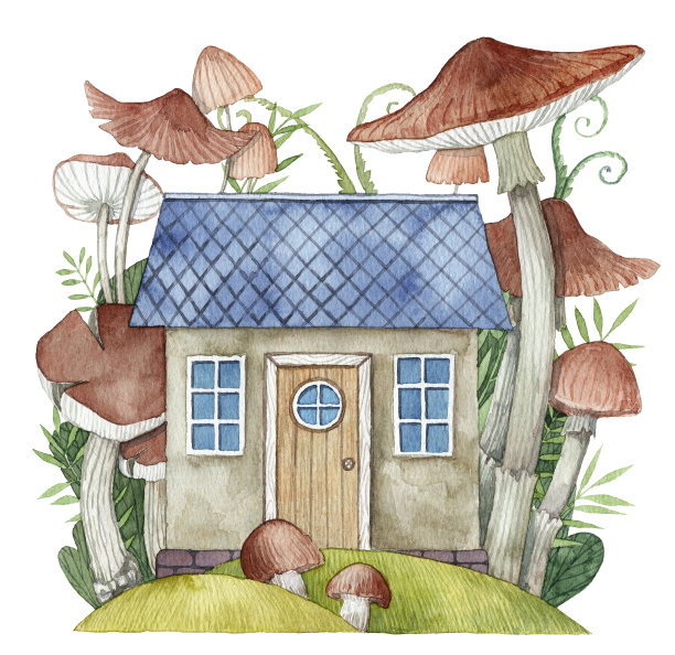 森林里有巨大蘑菇的小木屋素材图片