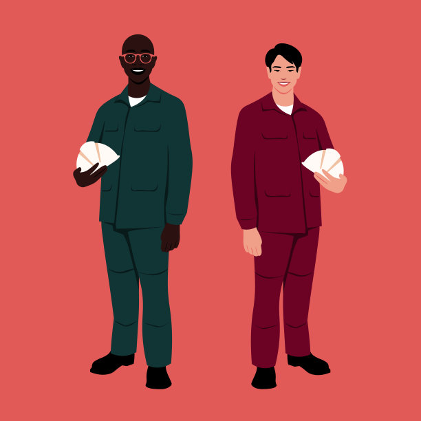 建筑工人和修理工都站得整整齐齐。两幅幸福劳动的肖像。图片下载