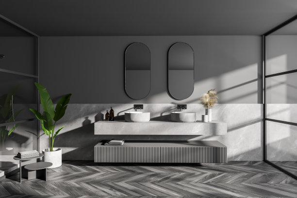 现代浴室的内部，灰色的墙壁，木地板，双水槽，上面有两个镜子和舒适的淋浴房。图片下载