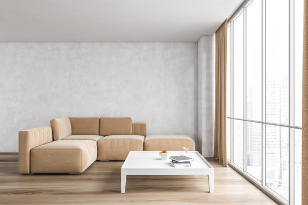 客厅米色沙发和大茶几，木地板和窗户图片下载