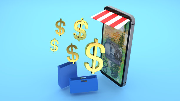 用智能手机购物的概念。澳大利亚元的标志飞进手机屏幕，上面是100澳元的钞票，旁边的地板上放着购物袋。三维渲染图片下载