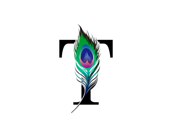 T字母装饰着奇异的孔雀羽毛图片下载