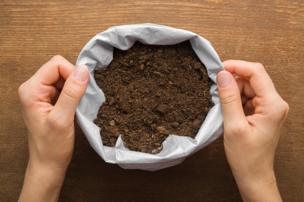 年轻的成年妇女手握打开的塑料袋子，袋子里装着深棕色的干燥土壤。准备种植的土地。特写镜头。视角拍摄。自顶向下的观点。图片下载