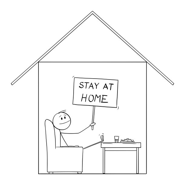 坐在家里的男人拿着“呆在家里”的标志，在冠状病毒疫情期间安全，矢量卡通简笔画图片下载
