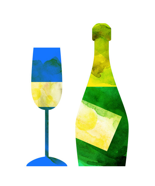 水彩抽象葡萄酒与起泡香槟酒瓶和长笛玻璃图片下载