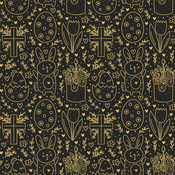 复活节快乐涂鸦线条艺术。金色的设计。兔子，兔子，十字架，蛋糕，鸡，蛋，花。无缝的图案、纹理、背景。包装。图片下载