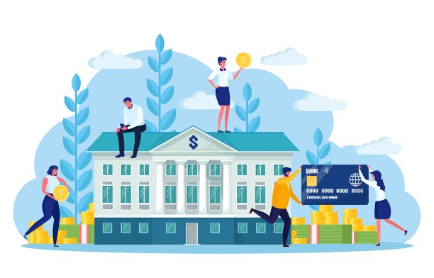 银行建筑的经典外观，一堆钱孤立在白色的背景。银行家，雇员，储户，有信用卡和现金的投资者。政府联邦金融机构。矢量设计图片下载