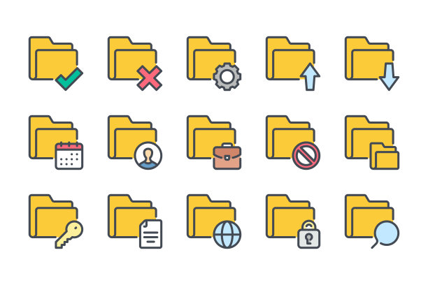 文件夹和文件管理颜色线图标设置。档案设置线性图标。文档组织彩色轮廓向量符号集合。图片下载