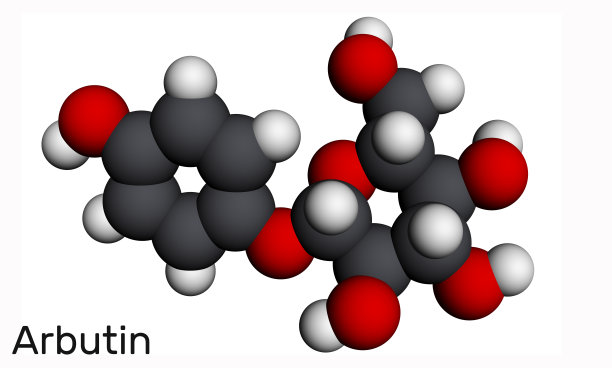 熊果苷，熊果苷，熊果苷分子。它是一种糖苷，存在于食品、非处方药和草药膳食补充剂中。分子模型。三维渲染图片下载
