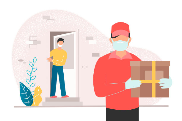 在新型冠状病毒感染症(covid - 19病毒)隔离期间，正在进行自我隔离的一名年轻男子在快递员家门口等待图片下载