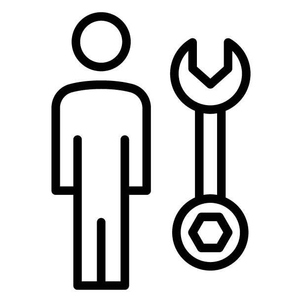 技术团队成员:Cocnept，白色背景上的人力资源管理符号，工程导向矢量图标设计，带开口扳手的人，六角钥匙设计图片下载