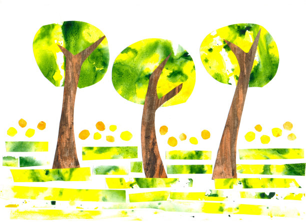 儿童贴花用彩色纸做成的条纹和圆圈，在草地上的树木上有花图片下载