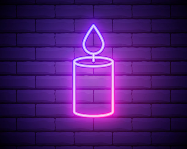 在砖墙背景上燃烧的蜡烛图标。老式点燃的蜡烛。燃烧着火焰的圆柱形蜡烛棒。色彩斑斓的轮廓的概念。矢量图图片下载