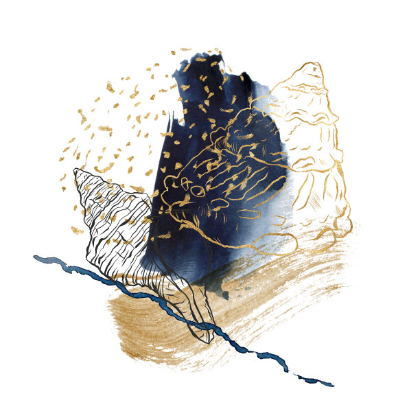 水彩抽象蓝色卡与金壳。手绘线条艺术水下动物。海洋插图设计，印刷，织物或背景。图片下载