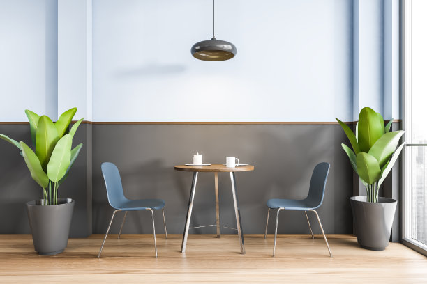 蓝色和黑色的咖啡馆，两把椅子和桌子与植物靠近窗户图片下载